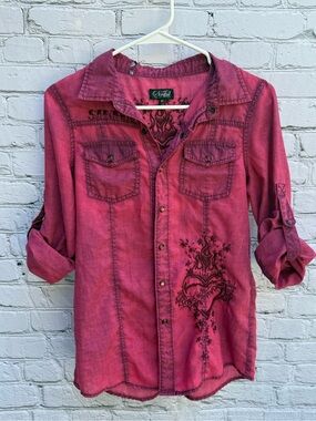 Sinful Pink Graphic Button Down Shirt Winged Heart Y2K Western Size m